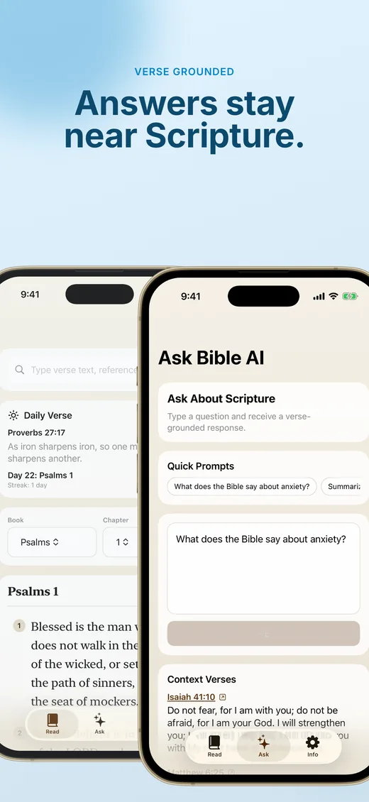 Local Bible AI iPhone screen showing guarded Bible AI answers